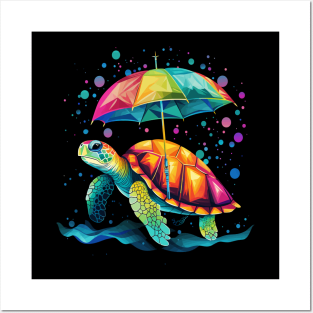 Sea Turtle Rainy Day With Umbrella Posters and Art